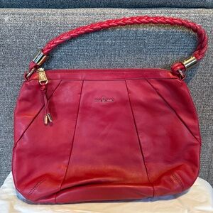 Cole Haan Pleated Red Leather Shouderbag Braided Handle Gold Accents Old Money‎